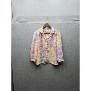Vintage Deborah Barry Floral Button-Up Blouse With Pastel Yellow & Pink Print Li